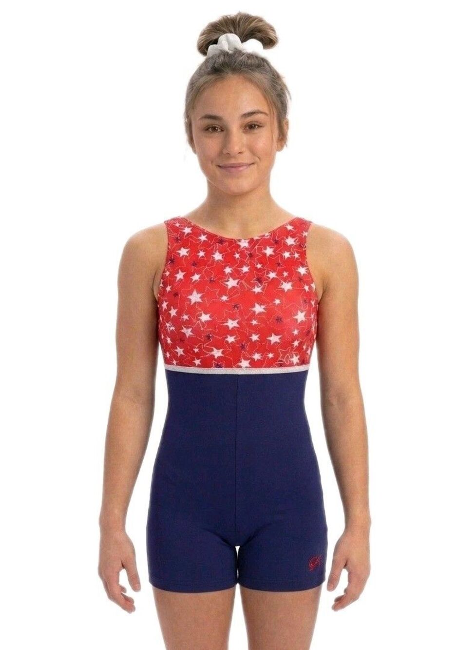 GK Elite VTG Patriotic Foiled Stars Logo Biketard Unitard Red White Blue Size AL